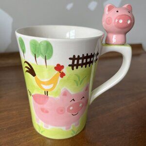 Indra 3D Pig Handle Mug Fine Stoneware Hand-Painted Cup Farm Animals Rooster